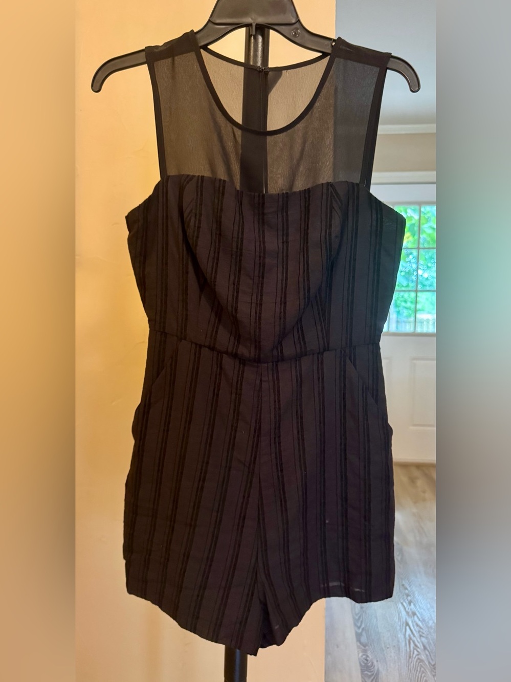 BCBG Sheer Yoke Black Striped Romper SZ 6 NWT